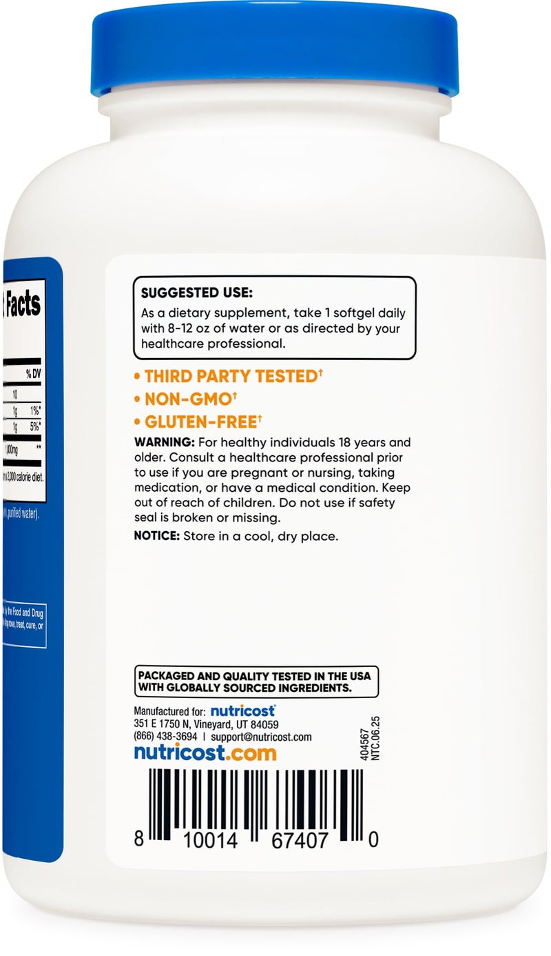 كبسولات زيت جوز الهند من نوتريكوست (1000 ملغ) 240 كبسولة - زيت جوز الهند البكر الممتاز - خالٍ من الغلوتين وغير معدل وراثيًا - Image 4